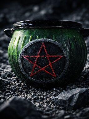 Resin Art Decorative Cauldron with Red Pentagram Accent And Crystals 1.75" Tall